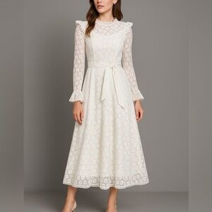 Miss Rosier Clotile Dress Womens Small White Floral Embroidered Midi Cottagecore